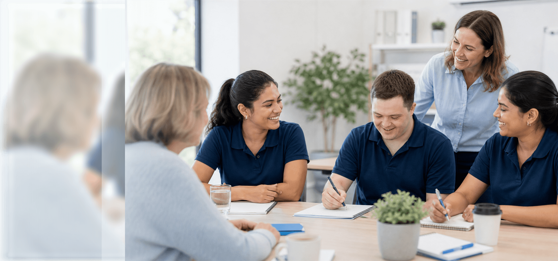 Support worker team in a bright training setting