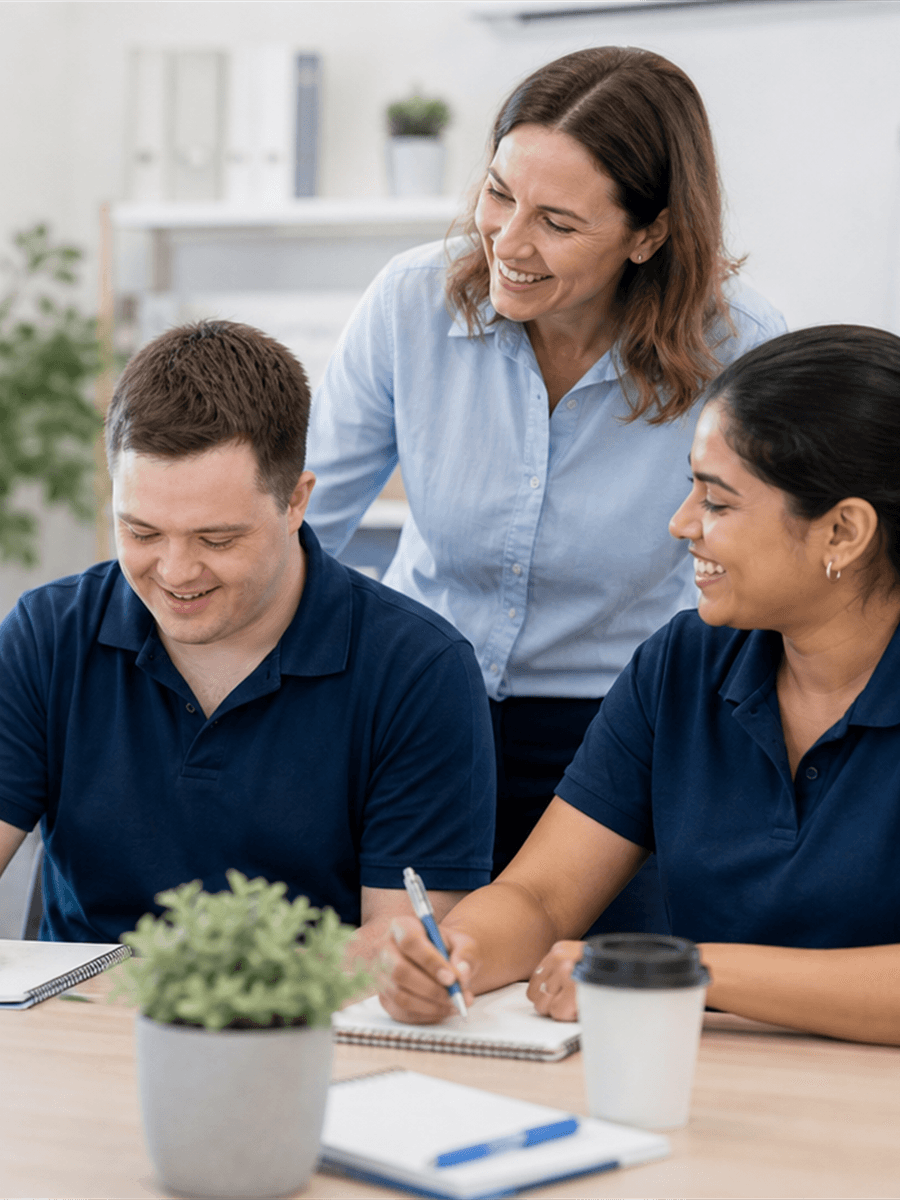 Support worker team in a bright training setting
