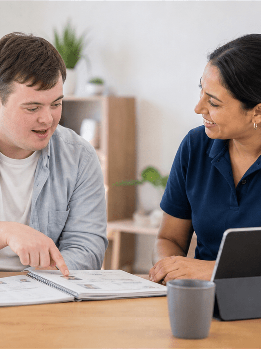 NDIS participant and support worker planning community goals together