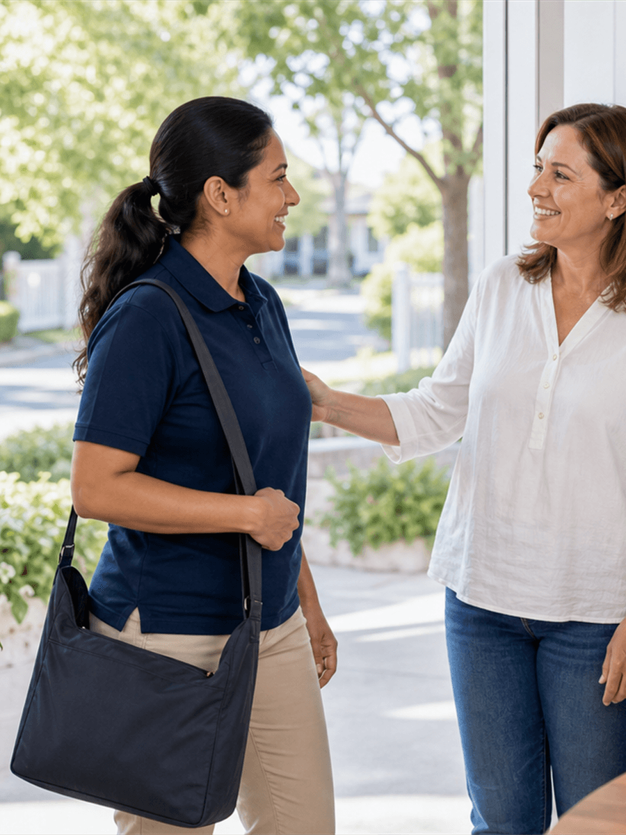 Support worker smiling with an older participant at home