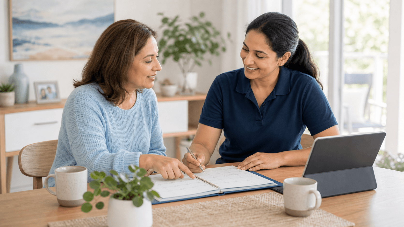 Family member and support coordinator reviewing a weekly schedule