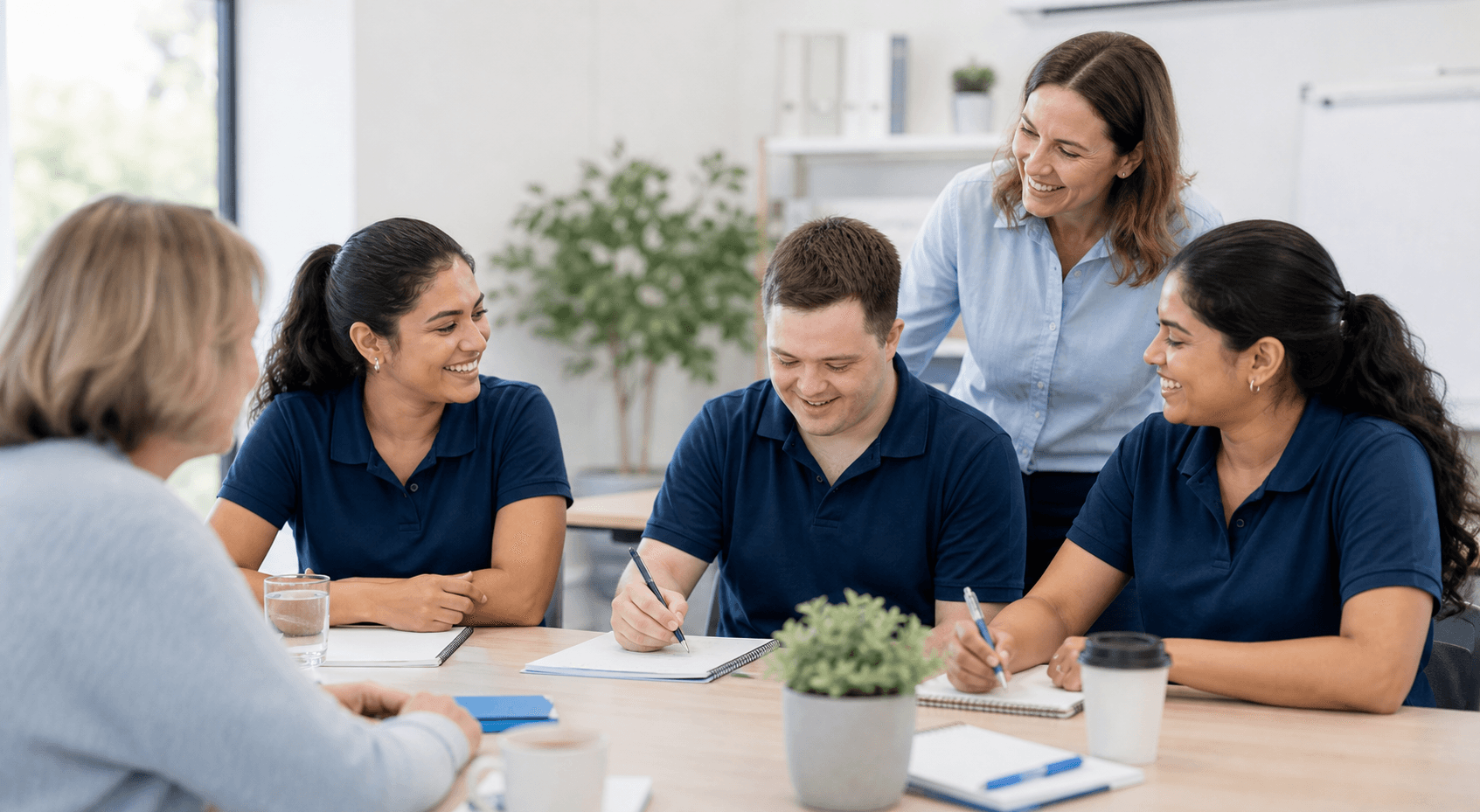 Support worker team in a bright training setting