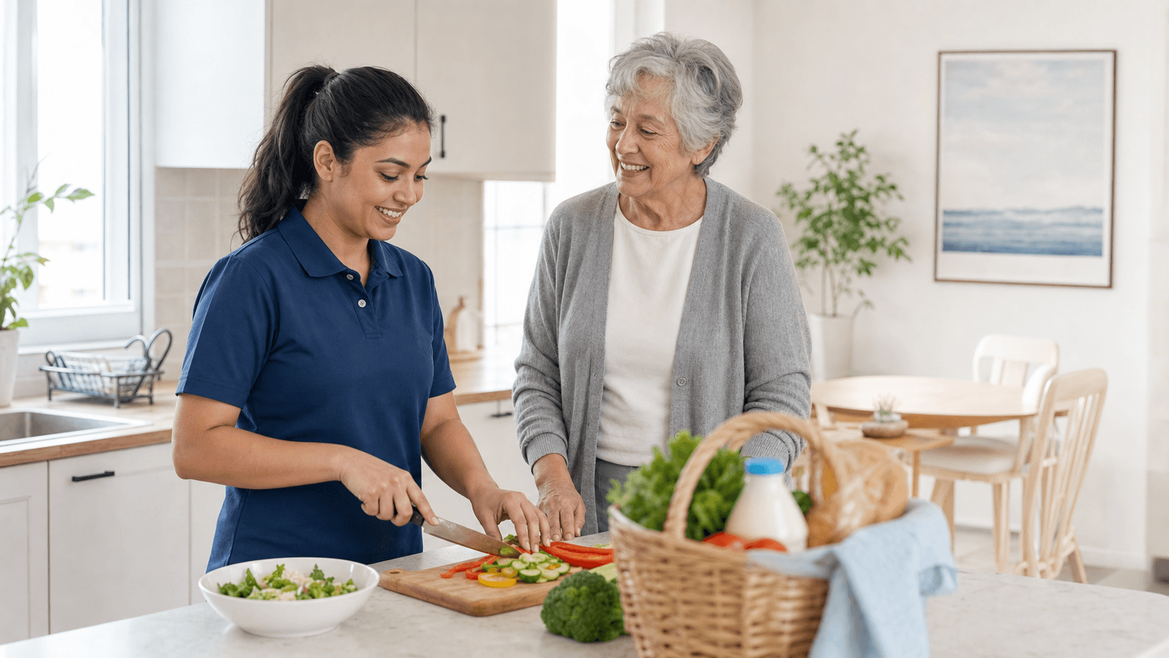 Support worker helping with light domestic assistance in a home kitchen