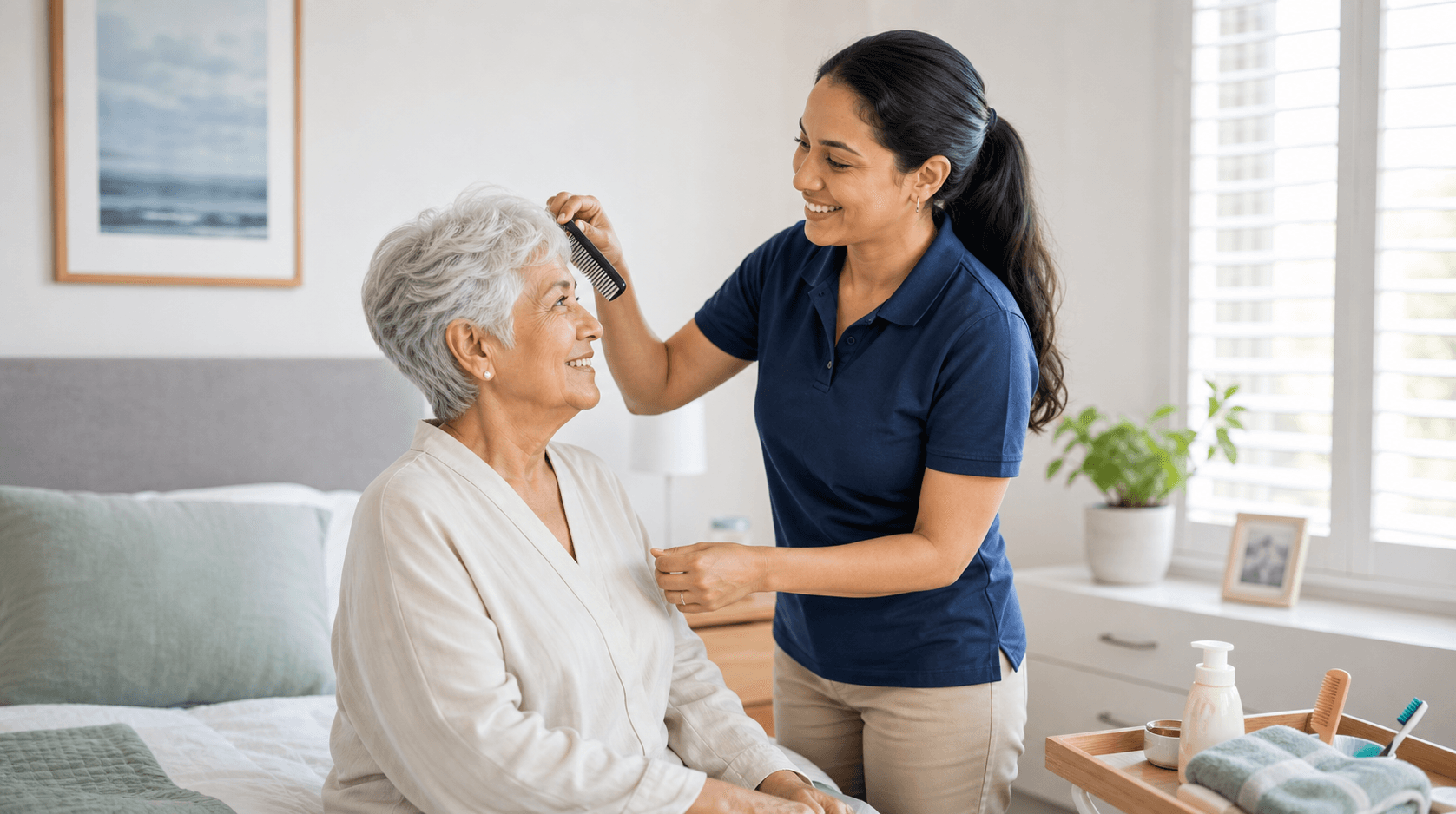 Support worker assisting an older adult at home