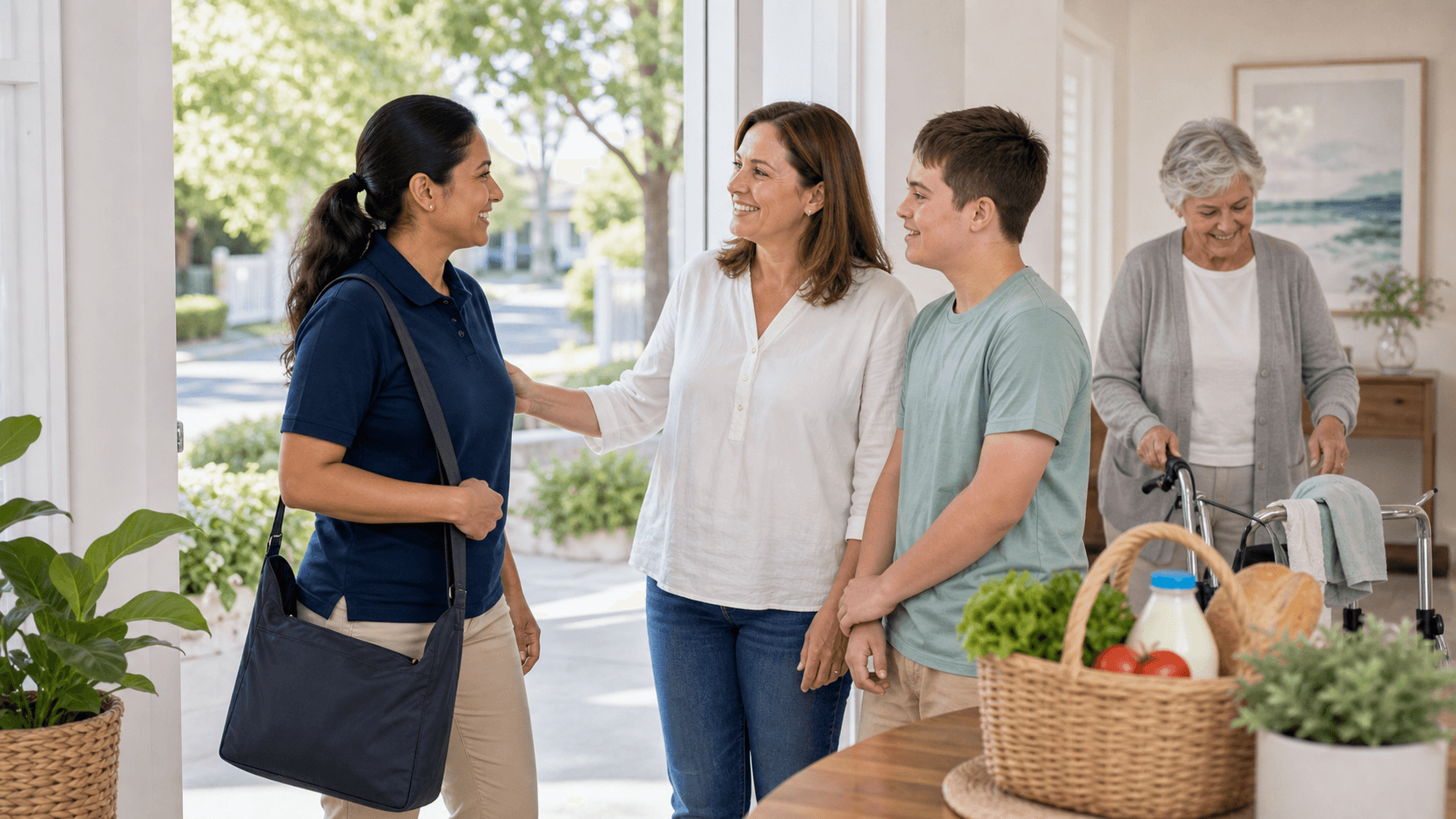 Support worker greeting a client and family member at home