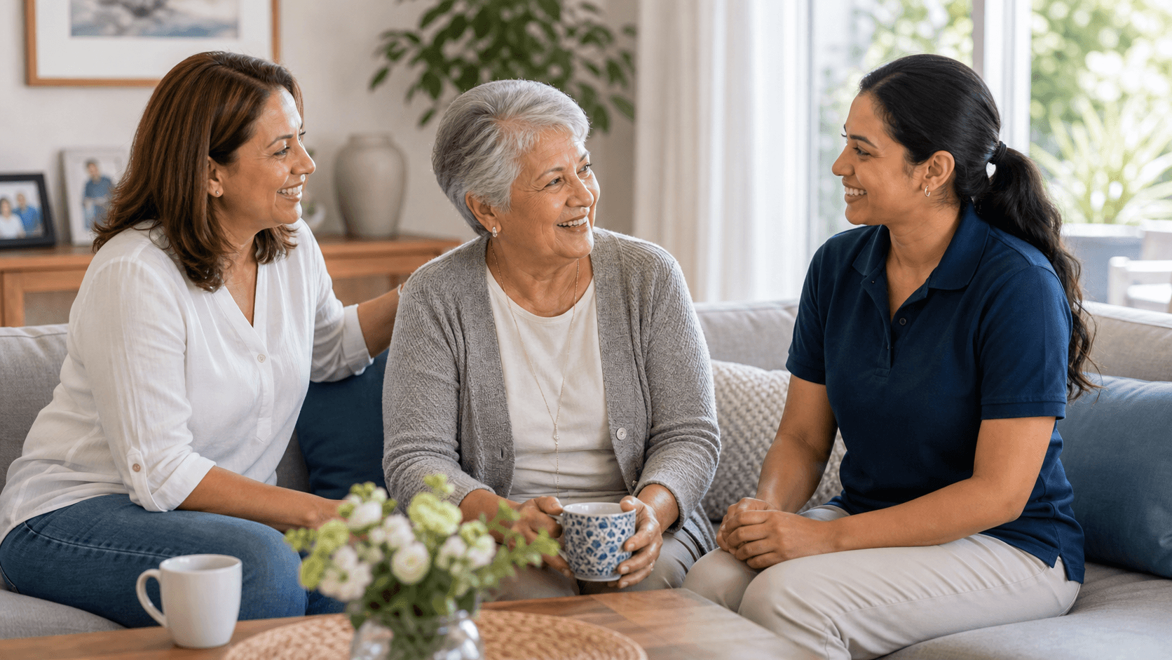 Family member, older adult, and support worker sharing a positive moment
